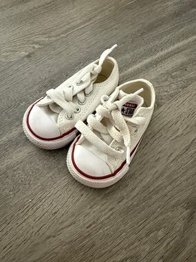 Converse Kids Low Top Canvas Sneakers - White with Red Stripe